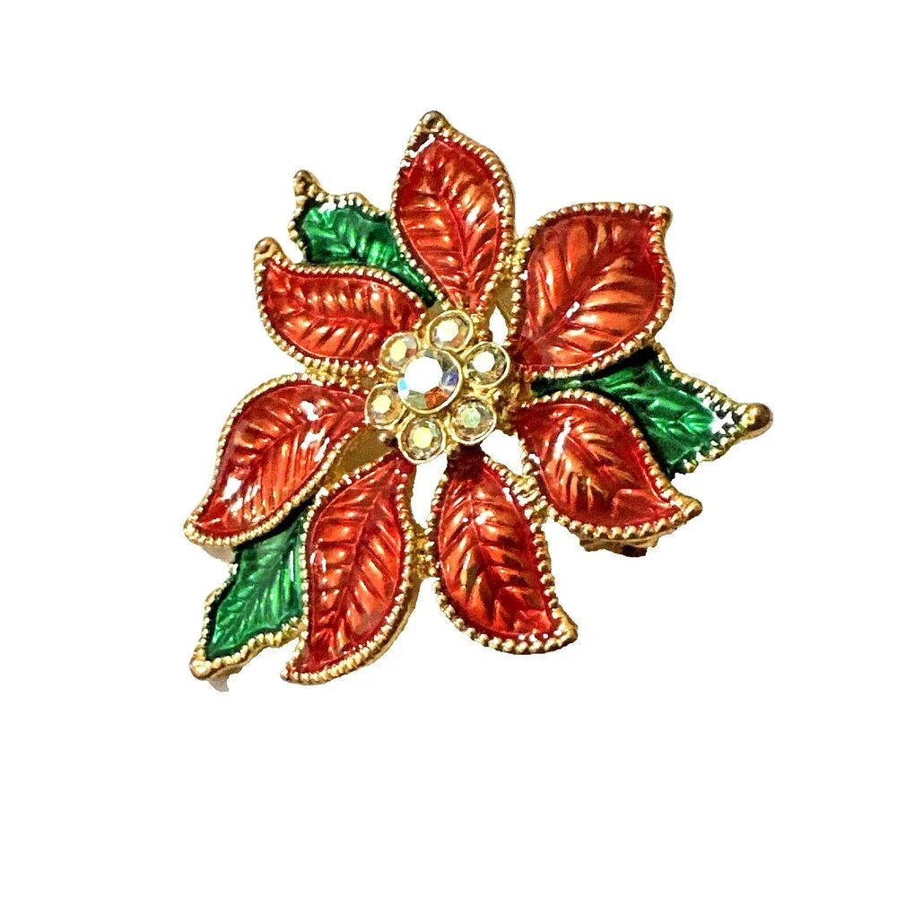 Vintage TC POINSETTIA Brooch Christmas Red Green Enamel 1.75